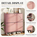 Shoe Storage Cabinet for Entryway with 2 Flip Drawers, Narrow Wood Shoe Cabinet with Fluted Panel, Freestanding Hidden Shoe Organizer for Foyer, Hallway (Pink - with Shelf)
