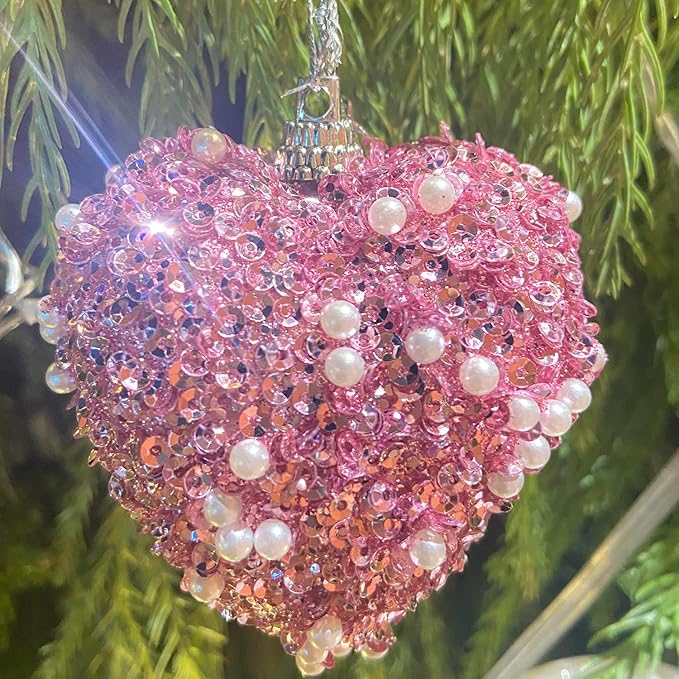Pink Valentine's Day Heart Ornaments 10Pcs Glitter Sequin Heart Shaped Baubles Decoration Valentines Pearl Foam Hanging Decor(2.36in)