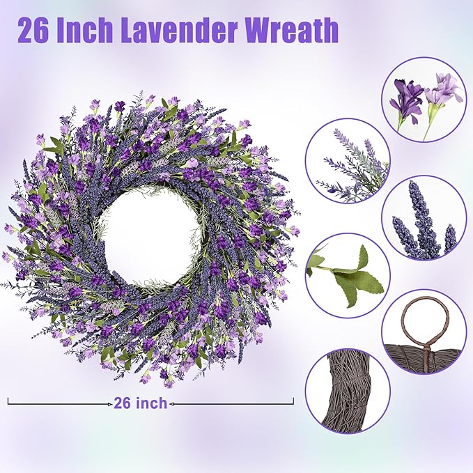 26 Inch Lavender Wreath Summer Spring Wreaths for Front Door Wreaths for Front Door for Wedding Farmhouse (Purple Lavender)