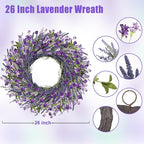 26 Inch Lavender Wreath Summer Spring Wreaths for Front Door Wreaths for Front Door for Wedding Farmhouse (Purple Lavender)