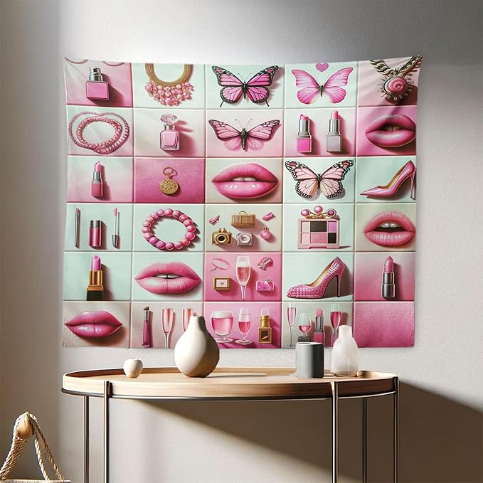 Ambesonne Pink Tapestry, Squares of Feminine Fashion Lipstick Butterfly Makeup Glam Kisses Concepts, Fabric Wall Hanging Decor for Bedroom Living Room Dorm, 28" X 23", Pale Mint Green