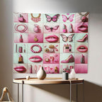 Ambesonne Pink Tapestry, Squares of Feminine Fashion Lipstick Butterfly Makeup Glam Kisses Concepts, Fabric Wall Hanging Decor for Bedroom Living Room Dorm, 28" X 23", Pale Mint Green