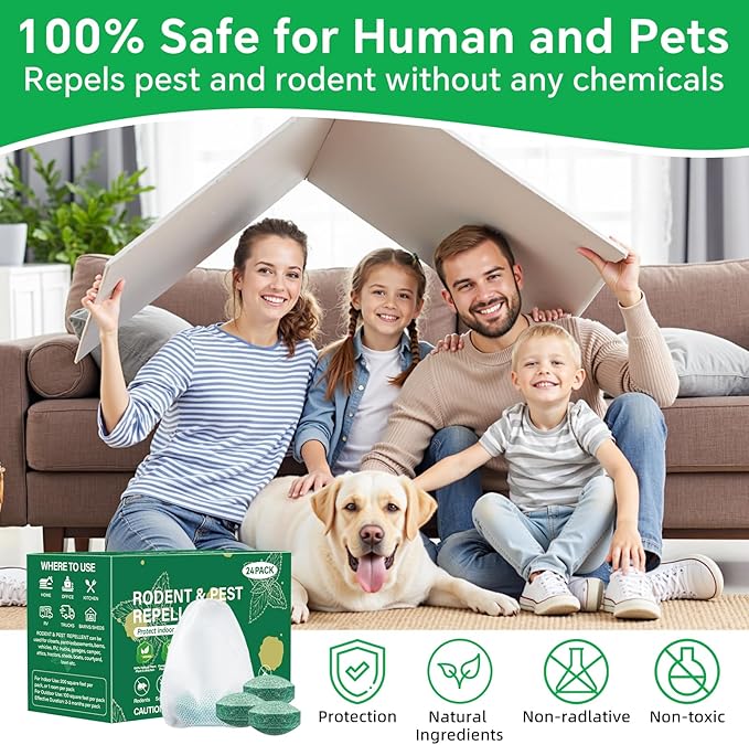 Pest Rodent Repellent, 24 Pack Peppermint Oil for Mouse, Rodent, Bugs,Mosquito,Roach, Ant, Spider Pest Repellent Indoor Outdoor Use, Powerful Natural Rodent Deterrent for House, Warehouse, Garage (24)