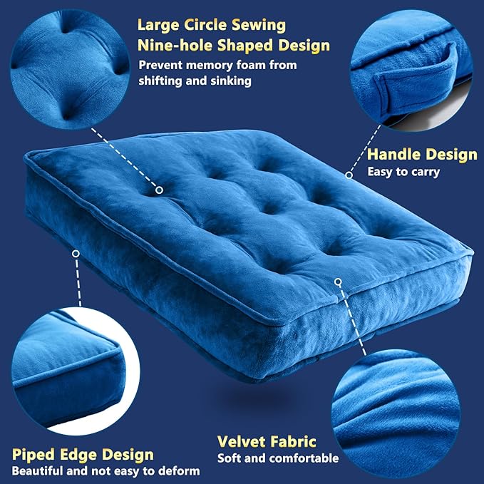 Floor Pillow Set of 2, Memory Foam Meditation Cushion, Floor Cushions for Adults Sitting, Large Square Seat Cushions for Yoga, Couch, Sofa, Kids, Living Room, 20x20 Inch (Navy Blue)