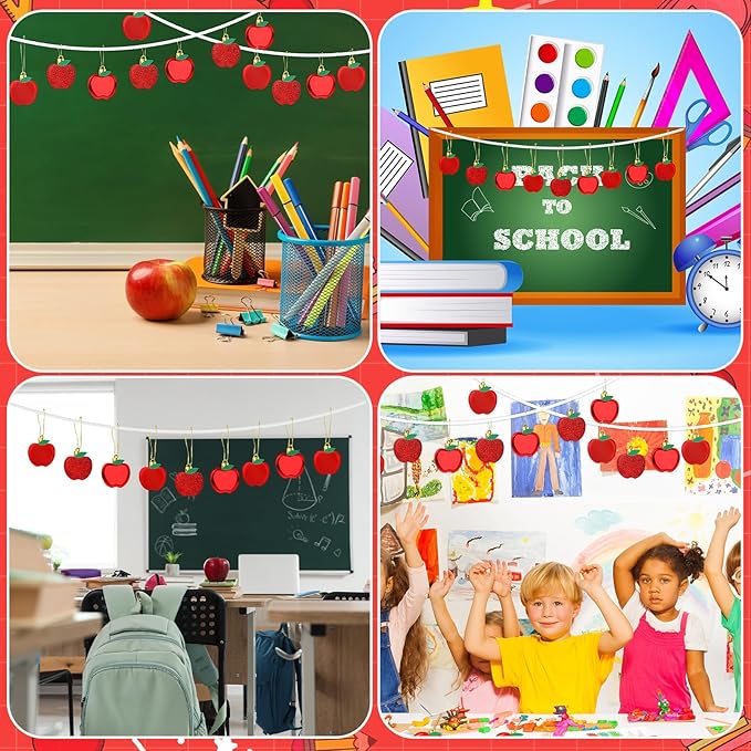 JULMELON 24Pcs Back to School Ornaments, A-pples Tree Decorations Red Shiny Matte Glitter Apples Hanging Ornaments with Rope for First Day of School Party Birthday Classroom Supply Decorations