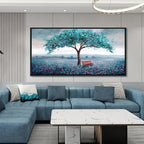 KLAKLA Extra Large Tree Wall Art - Teal Blue Nature Tree of Life Abstract Canvas Painting for Living Room Modern Large Panoramic Landscape Framed Artwork for Bedroom Office Home Decor