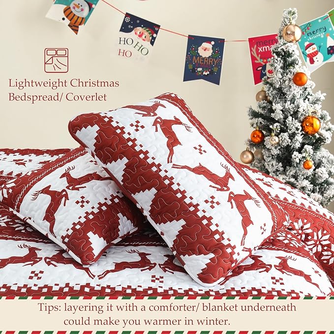 Exclusivo Mezcla Reversible Christmas Quilts King Size, Red Bedspread Lightweight Coverlet Winter Quilt Bedding Set with Printed Striped Reindeer Snowflakes Pattern (1 Quilt, 2 Pillow Shams)