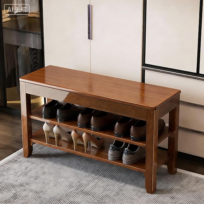 Shoe Storage Bench for Entryway - 3 Tier Shoe Rack for Front Door Entrance, Rubberwood Shoe Rack with Bench Height Adjustable, Entryway Bench with Shoe Storage for Any Room (Walnut, 31.5" W)