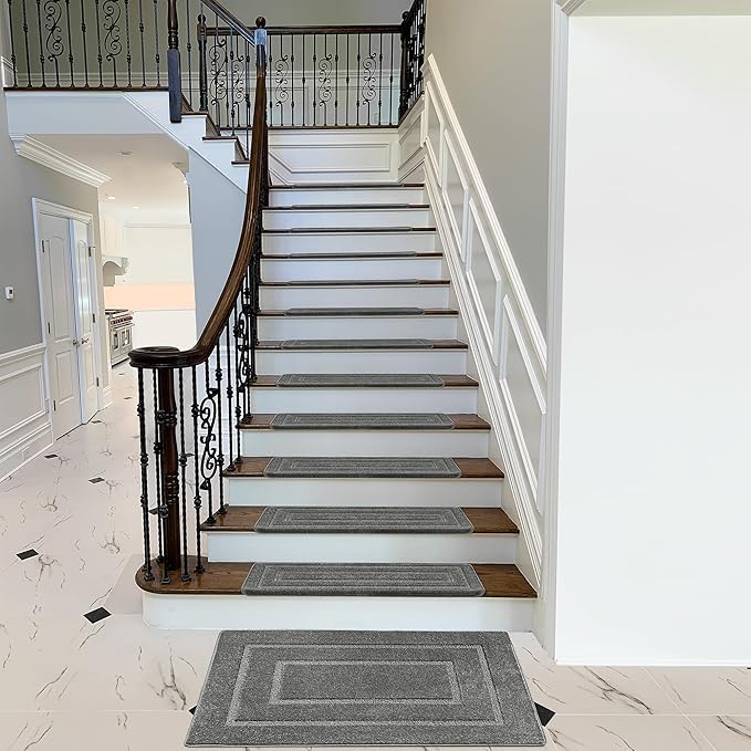 PURE ERA Bullnose Carpet Stair Treads Set Tape Free Non-Slip Indoor Stair Protectors Pet Friendly Rugs 9.5" x 30"(7 Pieces,Grey Rectangular)