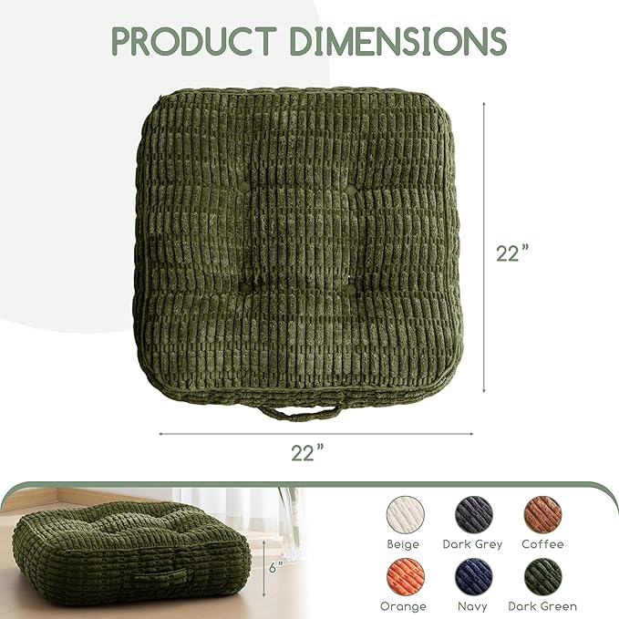 6" Washable Floor Pillow Cushion for Adults, Meditation Cushion Pillow, Removable Tufted Blended Corduroy Cover, Large Square Floor Sitting for Tatami Living Room or Yoga, 2Pack, Machine Washable