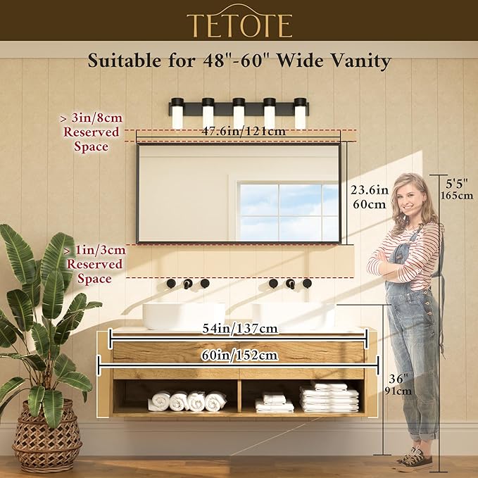 TETOTE 48" x 24" Black Bathroom Vanity Mirror for Over Sink Beveled Frame, Black Rectangle Metal Framed Bathroom Wall Mirror, Tempered Glass, Modern Farmhouse Bedroom, Entryway, Living Room