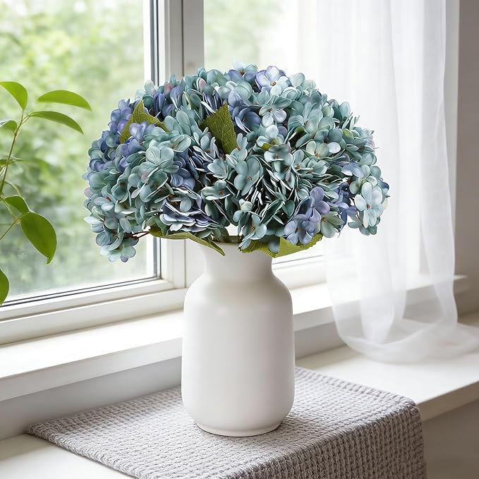 Kimura's Cabin 6pcs Fake Blue Flowers Artificial Silk Hydrangea Flowers Bouquets Faux Hydrangea with Stems for Farmhouse Home Table Centerpieces Wedding Party Decoration(Blue, Pack of 6)