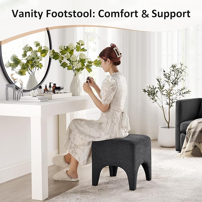 17" Boucle Modern Square Foot Stool Ottoman, Vanity Stool for Makeup, Rectangle Foot Rest for Couch, Upholstered Ottoman Stool for Living Room, Bedroom, Entryway (1, Dark Grey)