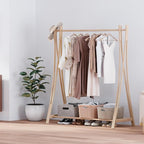 Wooden Retail Display Hanging Clothes Rack with Storage Shelf, 52" W x 57" H Freestanding Heavy Duty Clothing Drying Garment Rack for Hanging Clothes, Coat, Dress, Shirt, Hat
