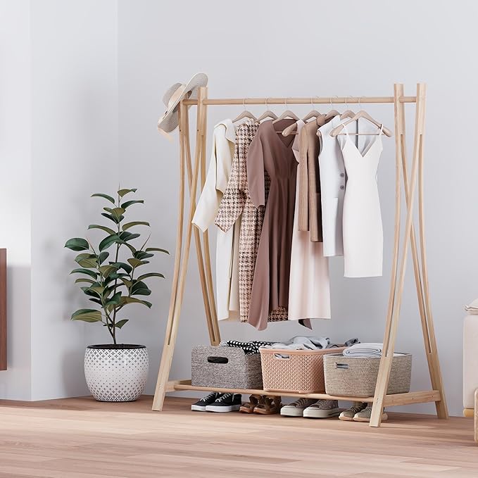 Wooden Retail Display Hanging Clothes Rack with Storage Shelf, 52" W x 57" H Freestanding Heavy Duty Clothing Drying Garment Rack for Hanging Clothes, Coat, Dress, Shirt, Hat