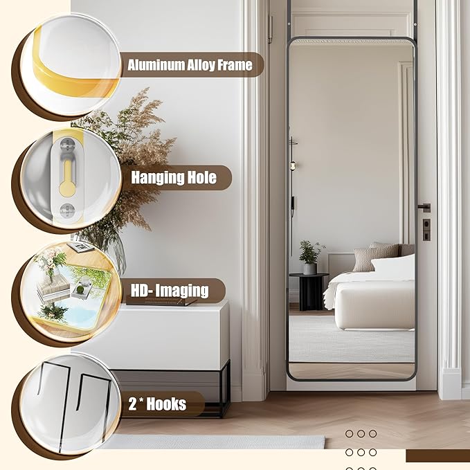 Antok Over The Door Mirror Full Length, 49'' x 14''Wall Mounted Hanging Mirror, Aluminum Alloy Frame, Shatterproof Glass, No Drill Installation for Bedroom, Closet, Bathroom, Dorm, Round Corner,Gold