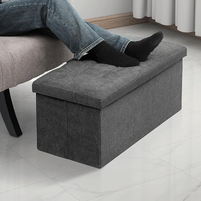 MoNiBloom 30 Inches Storage Ottoman Bench, Rectangle End of Bed Bench, Storage Padded Seat, Linen Fabric Ottoman Footrest for Living Room, Bedroom, Entryway, Dark Gray