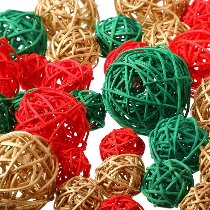 Patelai 72 Pcs Wicker Rattan Balls Decorative Balls for Vase Centerpiece Bowls Orbs Filler for Spring Summer Craft Home Decor, 4 Sizes (Red, Green, Gold)