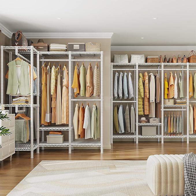 Raybee Clothing Racks for Hanging Clothes,Heavy Duty Clothes Rack with Shelves,Portable Closet Adjustable,76" W x 77" H x 18" D,Max Load 1150lbs,White