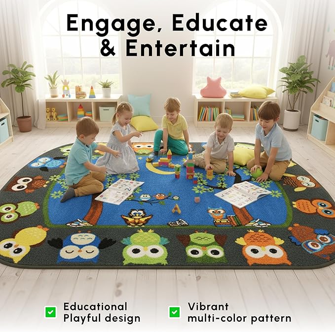SAFECASTLE Kids Carpet Story Time Owl Rug – 6'6" x 8'4" – Large Multicolored Nylon Educational Area Rug – Learning Carpet for Kids, Toddlers, Classroom, Nursery, Playroom, Daycare & Bedroom
