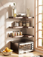 BATODA Acacia Wood Corner Floating Shelf 17” x 12”- Corner Shelf Wall Mounted - Floating Book Shelves for Wall - Corner Shelf for Home, Kitchen - with Brackets and Hardware (Walnut Color, 17" x 12")
