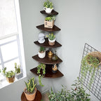 Corner Shelves, Floating Corner Shelf, Set of 2 Solid Oak Wood Wall Shelves, Round End Wall Mount with Wire Hole Shelving for Small Plant for Bedroom Kitchen, Living Room Walnut 8.7”