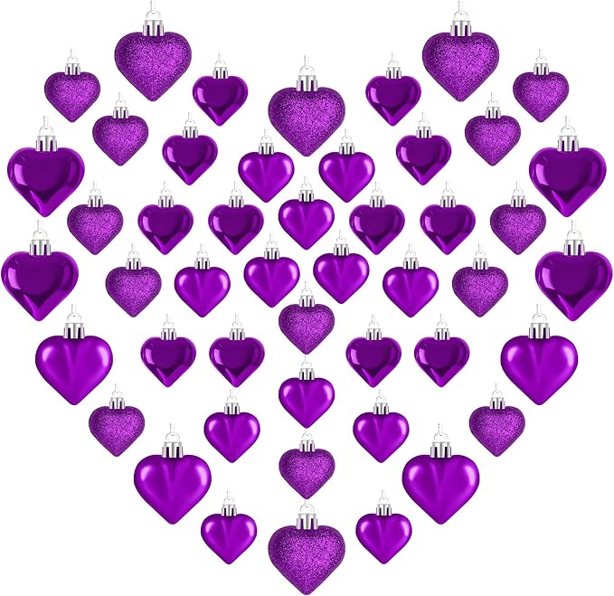 48PCS Purple Heart Shaped Ornaments, 2 Sizes Valentines Heart Hanging Ornaments, Glossy Heart Baubles for Wedding Anniversary Tree Party Decorations