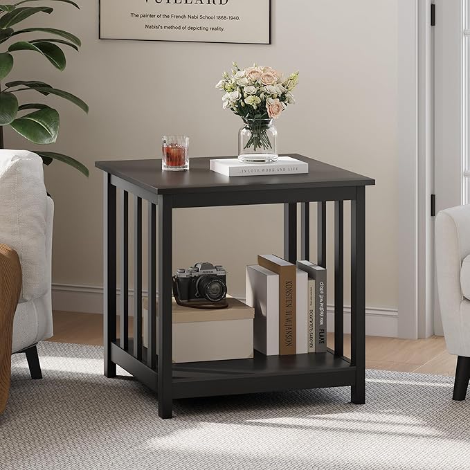 Treocho End Tables Living Room Set of 2, 24 Inch Square Side Table with 2-Tier Storage Shelf, Modern Nightstand for Living Room, Bedroom, Office, Black