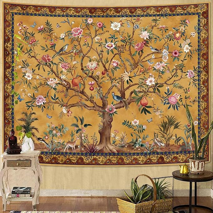 Faxdong Boho Tree of LIfe Tapestry, Vintage Flower Leaves Birds Plant Animal Pattern Tapestries, Retro Indian Bohemian Aesthetic Wall Hanging Orange Yellow 36×48 inch