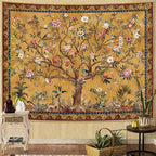 Faxdong Boho Tree of LIfe Tapestry, Vintage Flower Leaves Birds Plant Animal Pattern Tapestries, Retro Indian Bohemian Aesthetic Wall Hanging Orange Yellow 44×60 inch