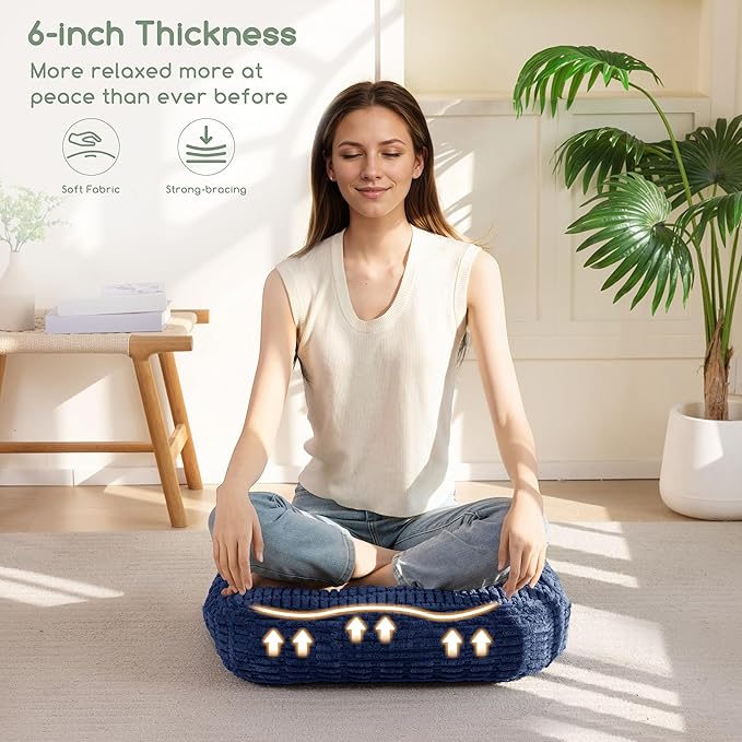 6" Washable Floor Pillow Cushion for Adults, Meditation Cushion Pillow, Removable Tufted Blended Corduroy Cover, Large Square Floor Sitting for Tatami Living Room or Yoga, 22x22 Inch, Machine Washable