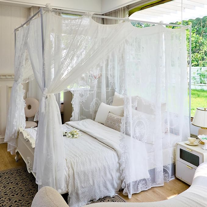 AIKASY Elegant Lace Princess 4-Poster Bed Canopy Mosquito Net - Romantic Wedding Bridal Bedroom Decor, Kids Room Bed Curtain for Women Adults - (White-2,Twin)