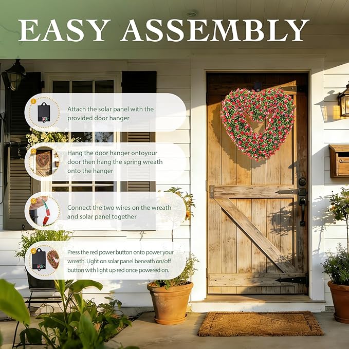 Valentine’s Day Solar Spring Wreath for Front Door 18inchWreath Pre-lit 30LED Wreaths Spring Summer Decor for Outside Aftificial Red Floral Wreaths Home Decorations Wreath
