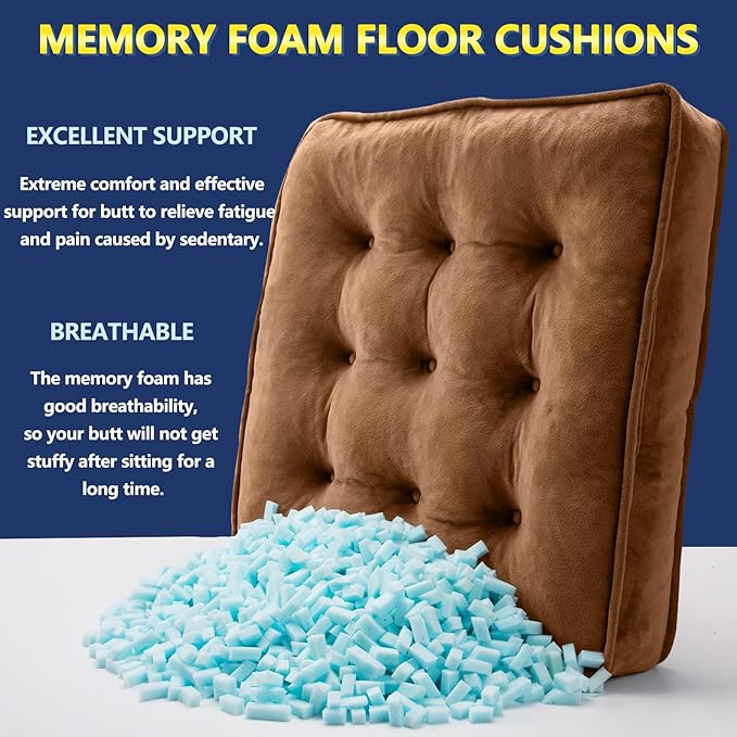 Floor Pillow Set of 2, Memory Foam Meditation Cushion, Floor Cushions for Adults Sitting, Large Square Seat Cushions for Yoga, Couch, Sofa, Kids, Living Room, 22x22 Inch (Brown)