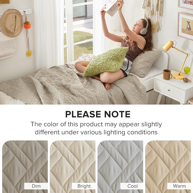 Comfort Spaces Twin Quilt Set Modern Reversible Diamond Coverlet Twin Bedding Set Cozy Quilted Winter Layer, All Season Lightweight Soft Twin Size Quilt, Kienna, Twin/Twin XL Beige Diamond 2 Piece