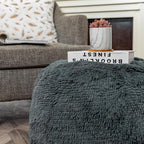 Fur Ottoman Stool Unstuffed Footstool Cover Floor Pouf NO Filler Foot Rest 20x12 In Round Poof Seat Bean Bag Chair Foldable Storage for Living Room Bedroom Cover ONLY Dark Gray