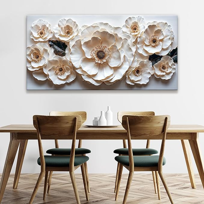 Floral Wall Art For Living Room Modern White Wall Decor Prints Artwork Canvas Art Wall Decor Painting White Flower Wall Art Picture For Bedroom Apartment Home Artwork 24 X 48 Inch