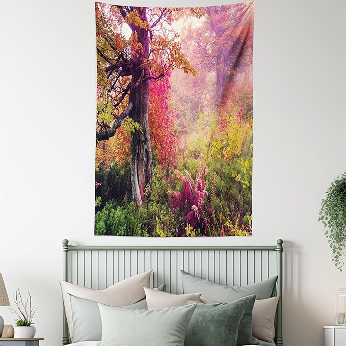 Ambesonne Forest Tapestry, Majestic Landscape Autumn Trees in Woodland Natural Garden in Ukraine, Fabric Wall Hanging Decor for Bedroom Living Room Dorm, 30" X 45", Red Green Brown