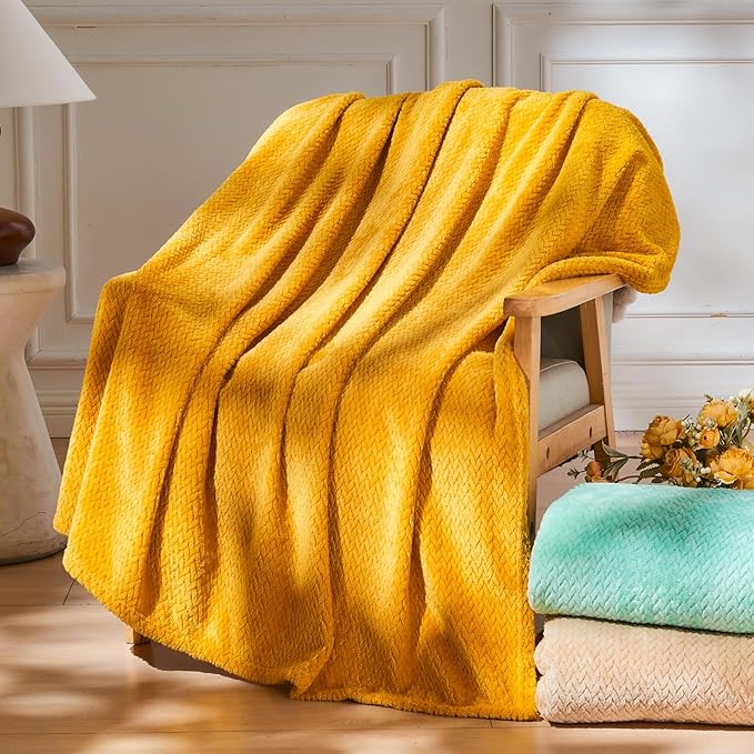 NEWCOSPLAY Super Soft Twin Blanket Mustard Yellow Premium Silky Flannel Fleece Leaves Pattern Lightweight Bed Blanket All Season Use (Mustard Yellow, Twin(60"x80"))