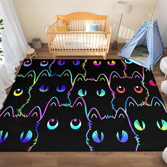 Black Cat Rug for Bedroom, Kids Cat Carpet for Girls Room Decor, Funny Cats Rugs Room Decor Playroom Cute Cats Themed Kids Area Rug Washable Non Slip Childrens Bedroom Mat 4x5 Feet