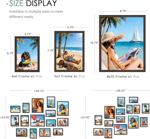 15 Pack Picture Frames Collage Wall Decor, Walnut Frame Set with 3pcs 8x10, 6pcs 5x7, 6pcs 4x6 for Gallery Display, Wall Mounting & Tabletop, Bulk Photo Frames for Living Room Decor