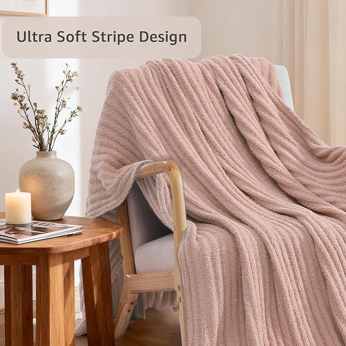 WRENSONGE Striped Throw Blanket, Pink Soft Cozy Fluffy Warm Hand Made Throw Blankets for Couch, Sofa, Chair, Bed, Camping, Picnic, Travel Lightweight Bed Blanket - 60"*80"