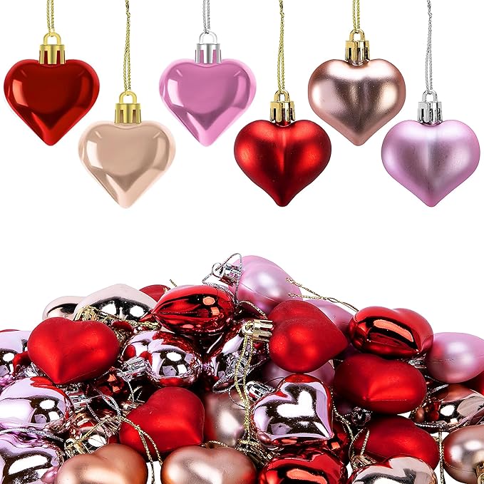 Iceyyyy 60Pcs Valentine's Day Heart Ornaments-Valentine's Mother's Day Heart Baubles Shaped Hanging Ornaments Decoration for Valentine Tree Wedding Anniversary Party