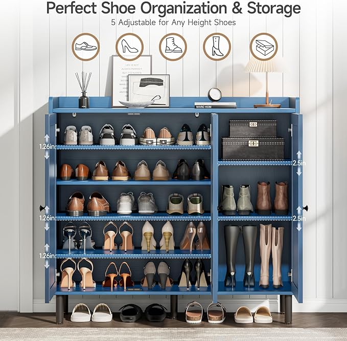 ONBRILL Shoe Cabinet with 3 Doors and Adjustable Shelves, 30 Pairs Shoe Storage Cabinet, 40 Inch Tall Farmhouse Shoe Rack Shoe Organizer Cabinet for Entryway Living Room Closet, Blue