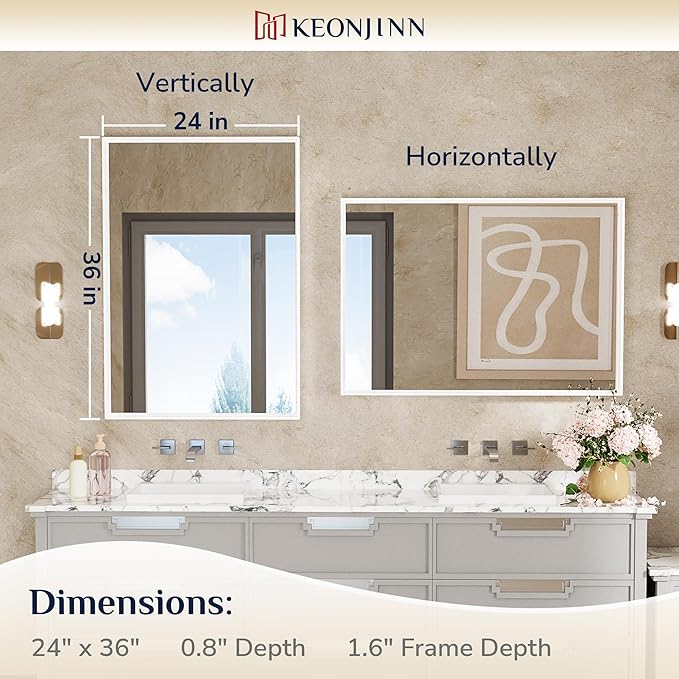 Keonjinn White Bathroom Vanity Mirrors 24 x 36 Inch, Metal Framed Bathroom Mirror for Over Sink, Rectangular Wall Mirrors Square Corner, Matte White Farmhouse Rectangle Mirrors(Horizontal/Vertical)