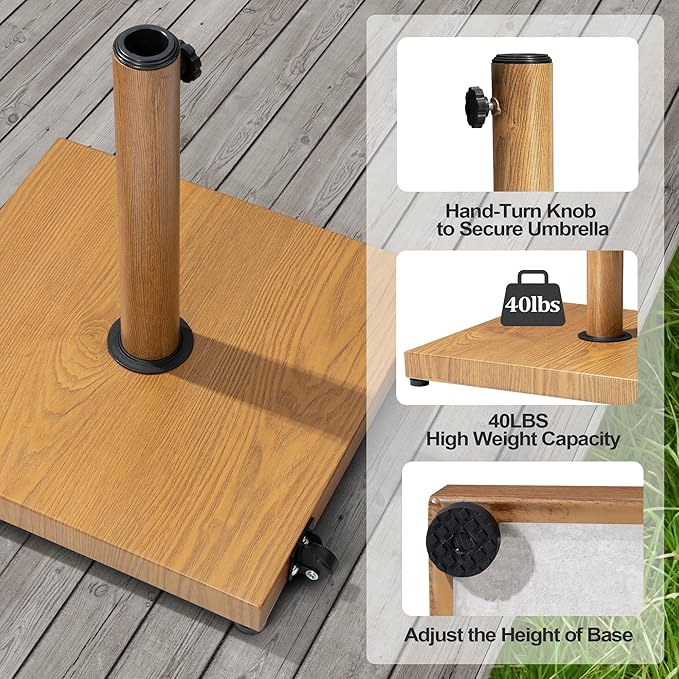 Patio Umbrella Base 43lbs Outdoor Umbrella Stand with Wheels, Heavy Duty Square Concrete Stand Market Umbrella, Teak