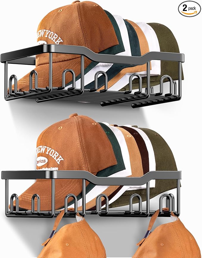 KEETDY Metal Hat Racks for Baseball Caps Wall Hat Organizer Fit 24 Caps Holder, 2 Packs Sturdy Wall Mounted Hat Storage Organizer, Black