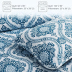 Exclusivo Mezcla Reversible Boho Quilts Queen Size, Blue Bedspreads Lightweight Coverlet All Season Damask Quilt Bedding Set with Printed Floral Pattern (1 Quilt, 2 Pillow Shams)