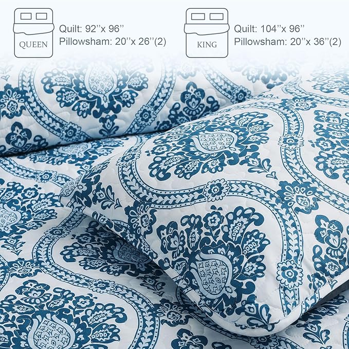 Exclusivo Mezcla Reversible Boho Quilts King Size, Blue Bedspreads Lightweight Coverlet All Season Damask Quilt Bedding Set with Printed Floral Pattern (1 Quilt, 2 Pillow Shams)