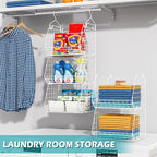 5 Tier Closet Hanging Organizer, Clothes Hanging Shelves with 4 Hanging Hooks 5 S Hooks, Wire Storage Basket Bins, for Clothing Sweaters Shoes Handbags Clutches Accessories Patent Design-White